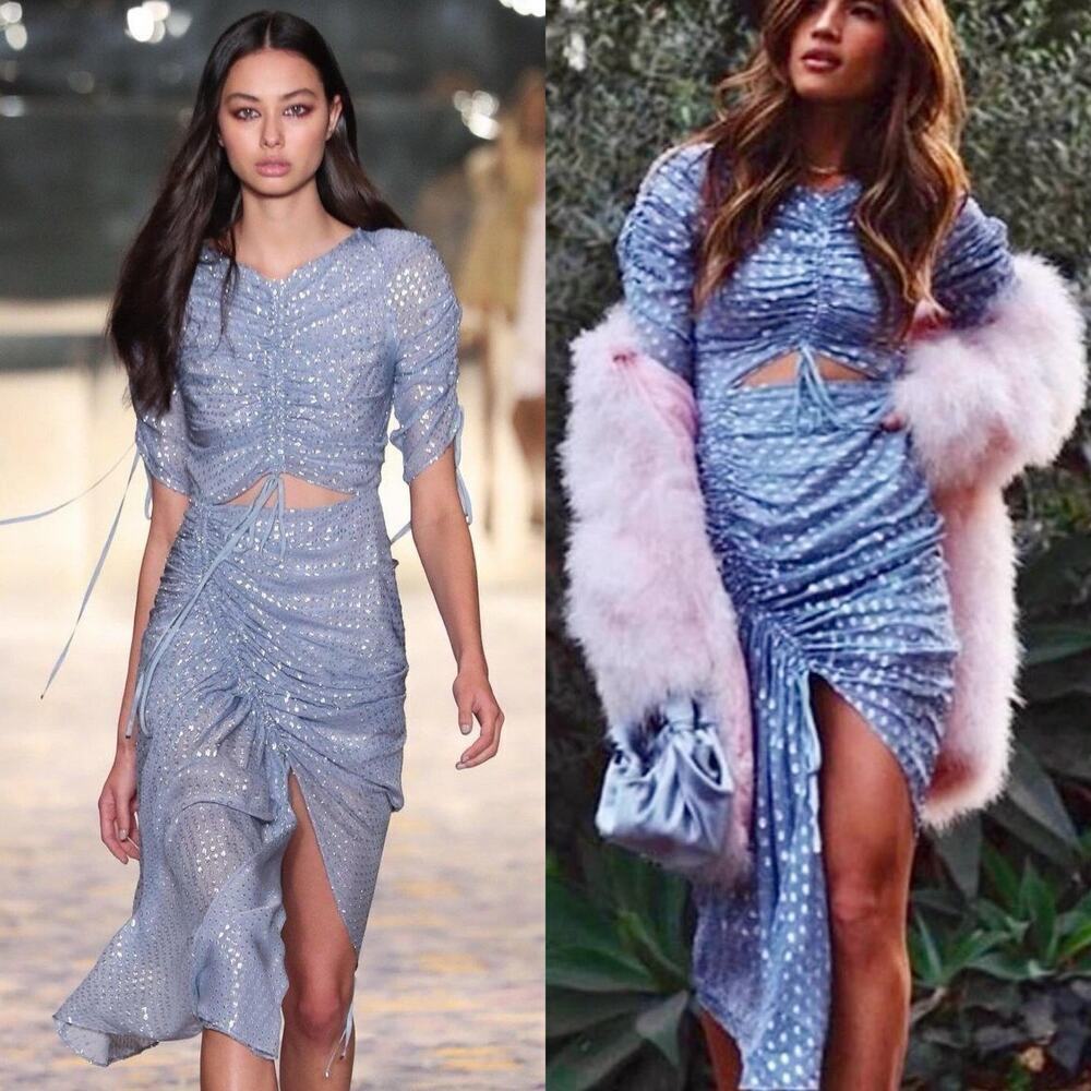 Alice McCall I Feel It Coming Gathered Asymmetrical Midi Dress Blue Size 4